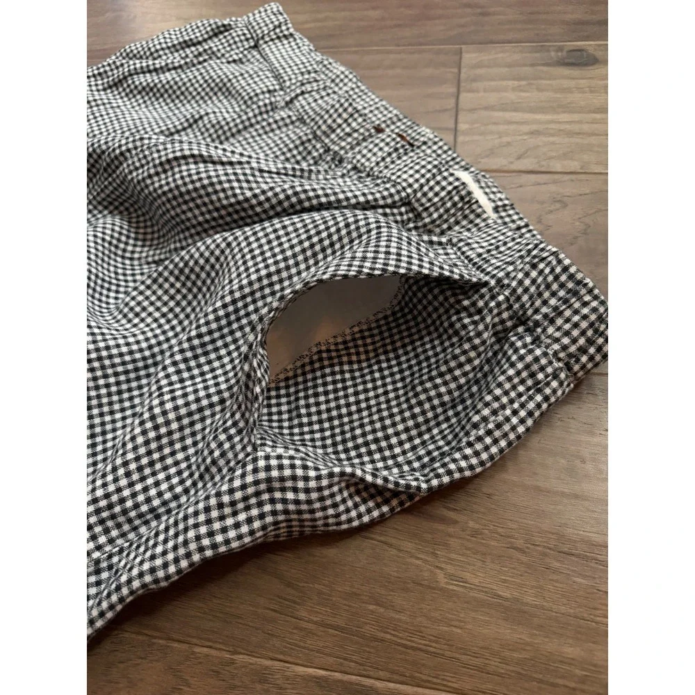 Quince Womens Black White Gingham 100% Linen Elastic Waist Pants XL Tapered
